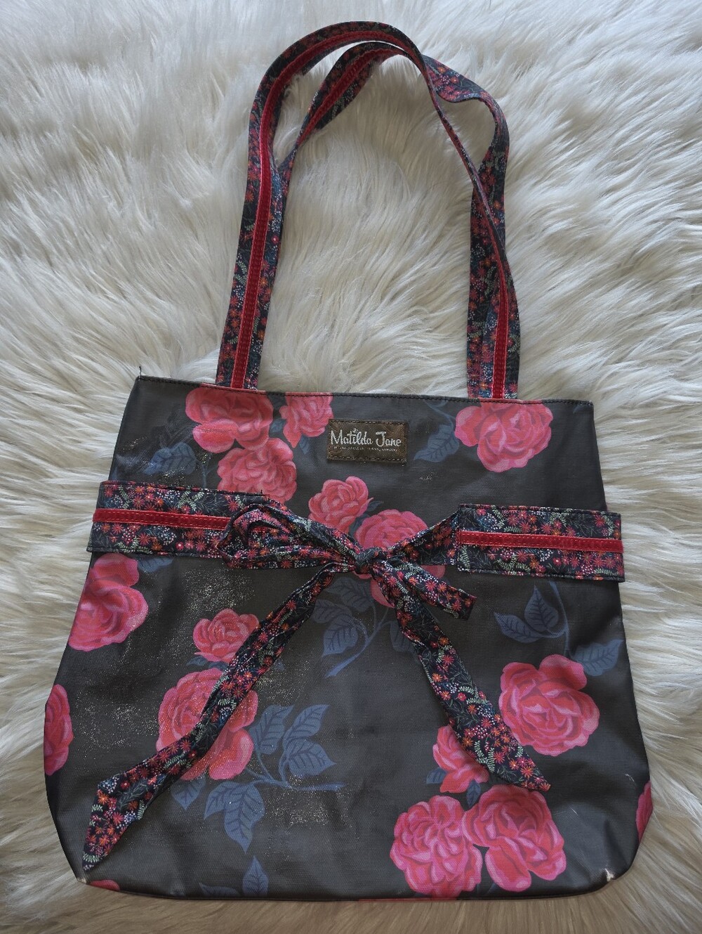 Matilda Jane Floral Rose Tote Bag Black Red Bow Snap Closure Large Shoulder Bag